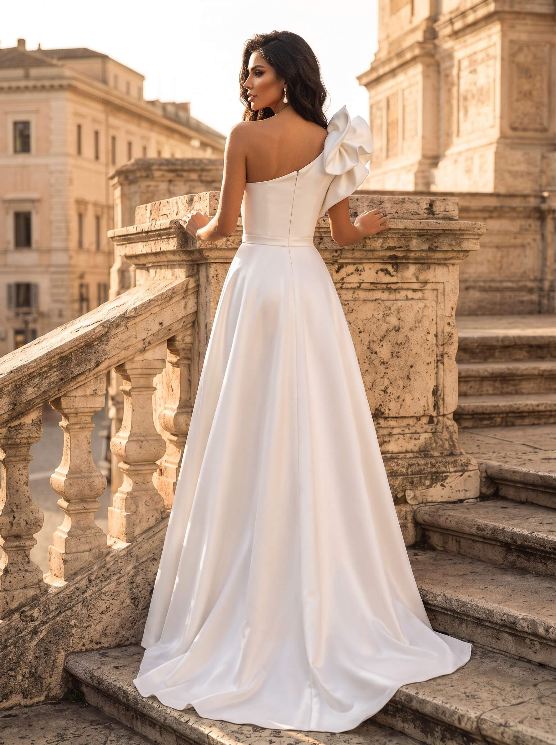 Sheath/Column One-Shoulder Sleeveless Sweep Train Satin Wedding Dresses With Flower