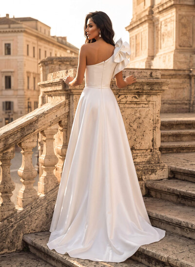 Sheath/Column One-Shoulder Sleeveless Sweep Train Satin Wedding Dresses With Flower