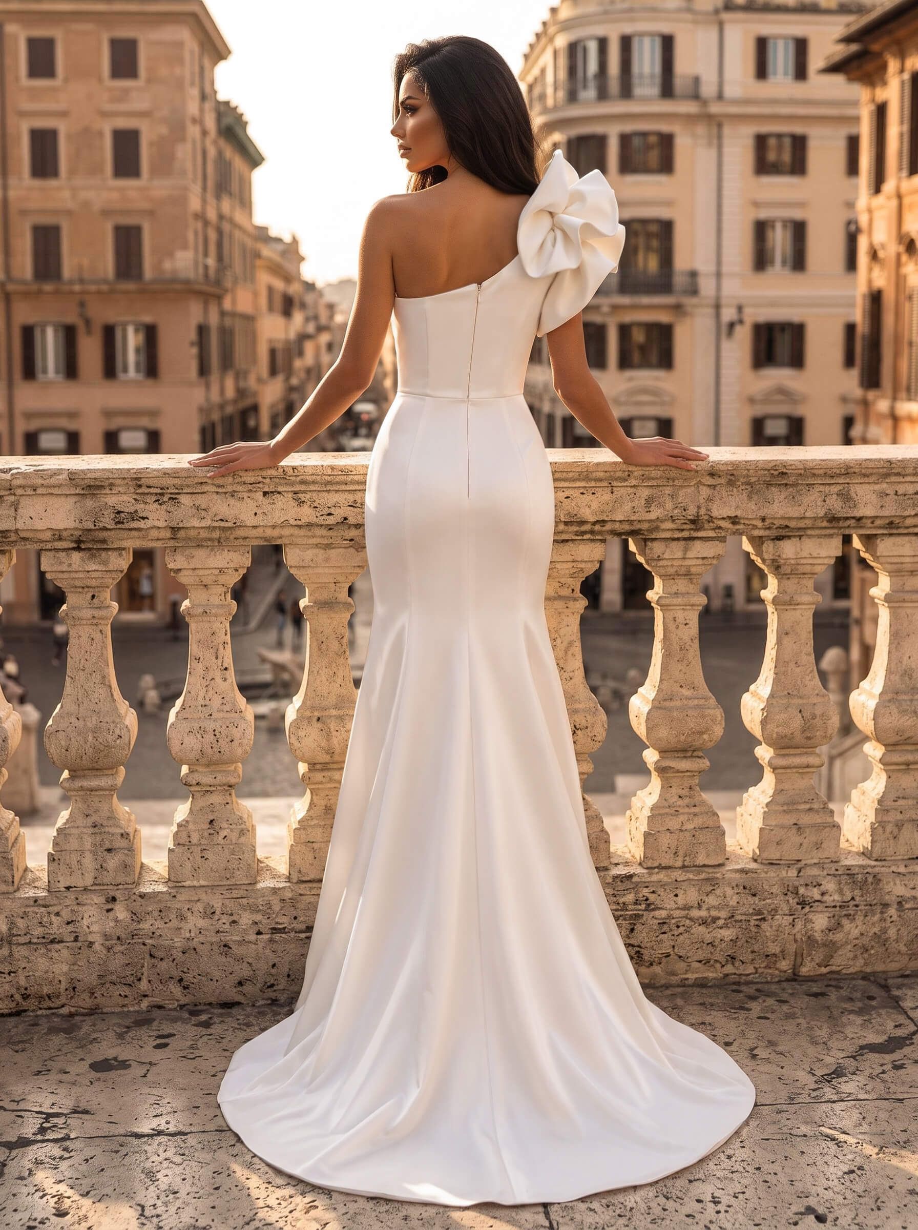 Sheath/Column One-Shoulder Sleeveless Sweep Train Satin Wedding Dresses With Flower