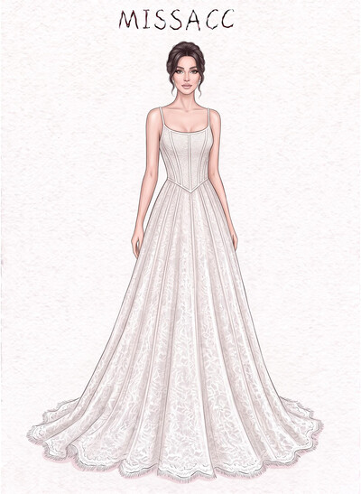 A-Line Scoop Neck Sleeveless Court Train Lace/Tulle/Charmeuse Wedding Dresses With Pleated