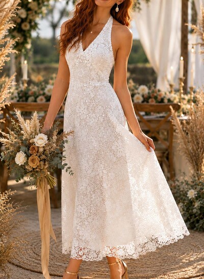 A-Line V-Neck Sleeveless Ankle-Length Lace/Satin/Tulle Wedding Dresses With Appliques Lace