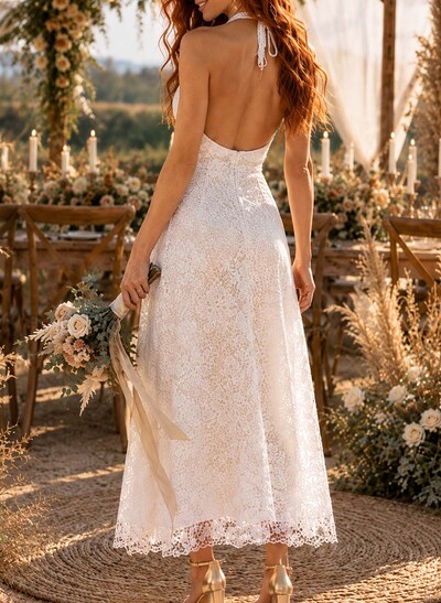 A-Line V-Neck Sleeveless Ankle-Length Lace/Satin/Tulle Wedding Dresses With Appliques Lace