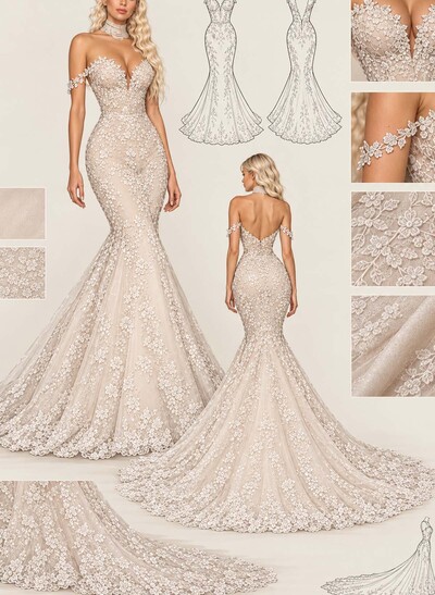 Trumpet/Mermaid Sweetheart Sleeveless Chapel Train Satin/Tulle Wedding Dresses With Appliques Lace