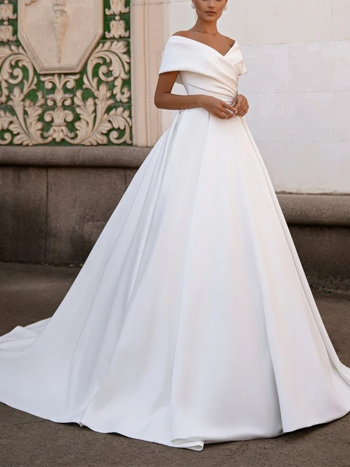 A-Line Off-The-Shoulder Short Sleeves Court Train Matte Satin Wedding Dresses