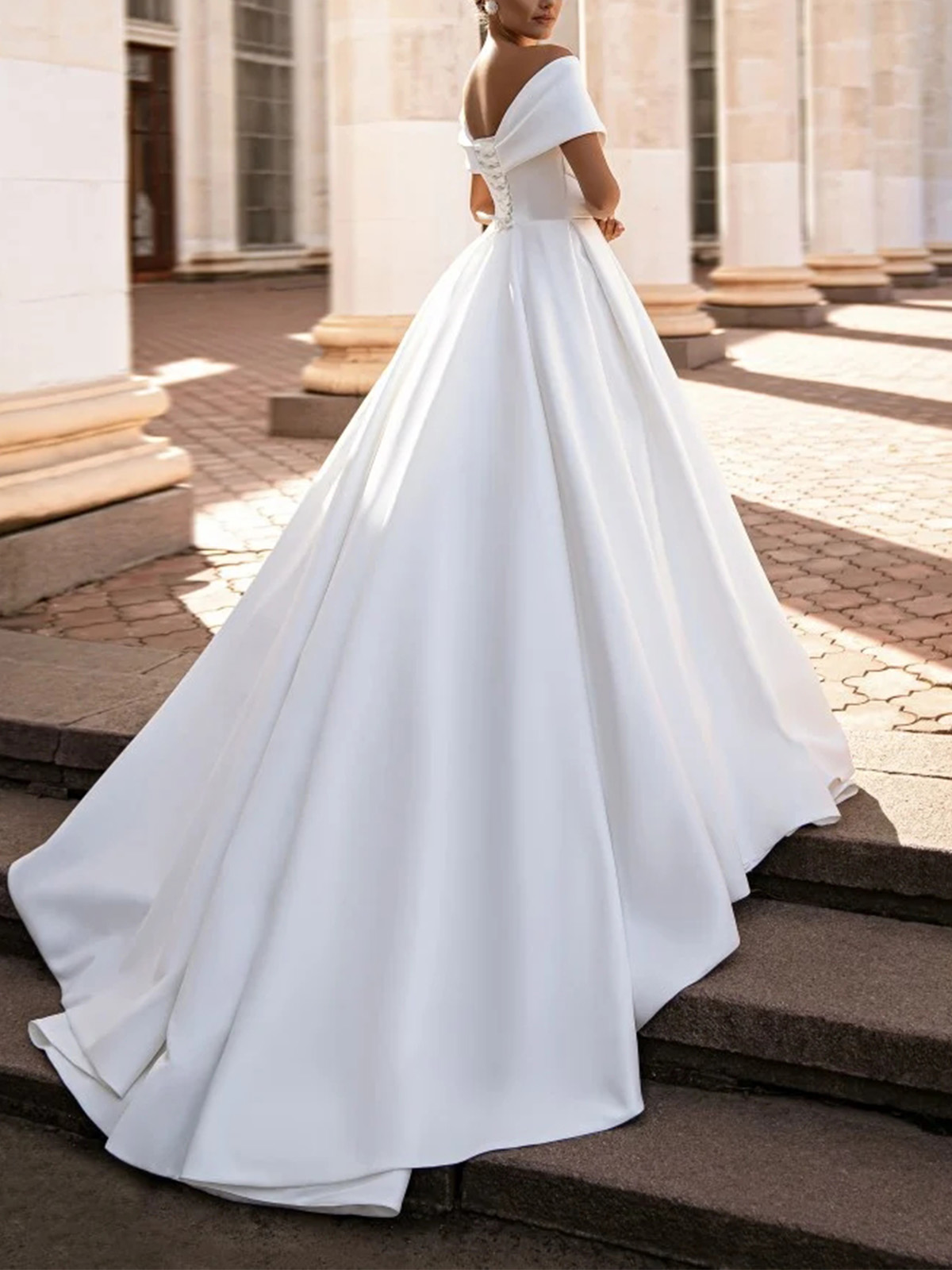 A-Line Off-The-Shoulder Short Sleeves Court Train Matte Satin Wedding Dresses