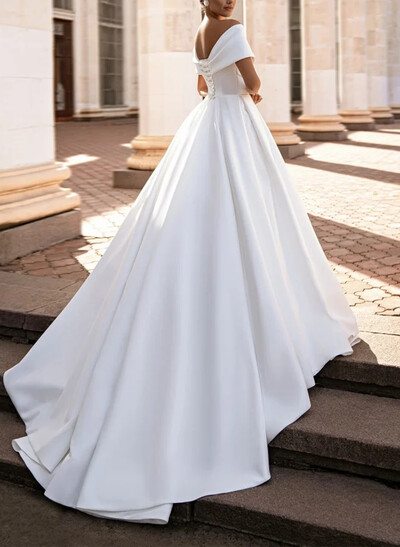 A-Line Off-The-Shoulder Short Sleeves Court Train Matte Satin Wedding Dresses