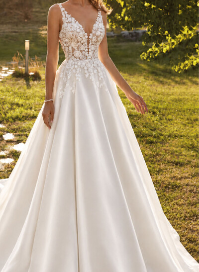 A-Line V-Neck Sleeveless Chapel Train Satin/Tulle Wedding Dresses With Appliques Lace