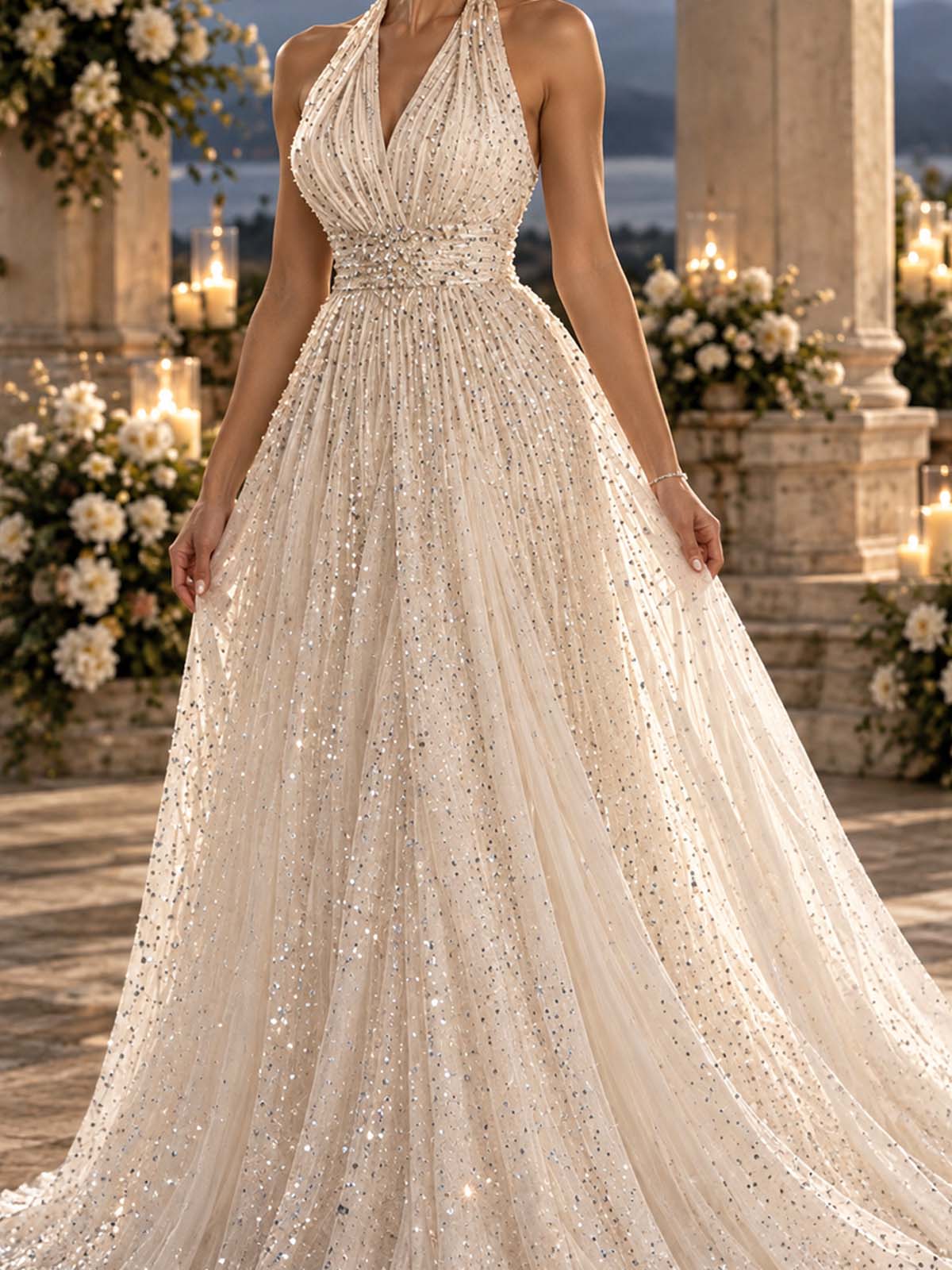 A-Line V-Neck Sleeveless Court Train Chiffon/Tulle Wedding Dresses With Rhinestone