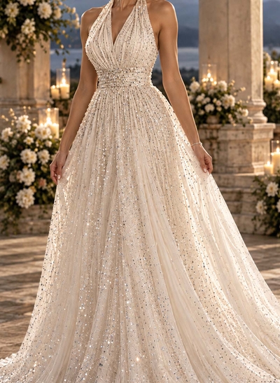 A-Line V-Neck Sleeveless Court Train Chiffon/Tulle Wedding Dresses With Rhinestone
