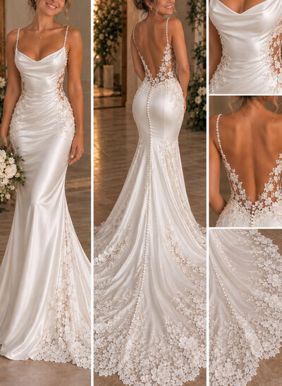 Trumpet/Mermaid V-Neck Sleeveless Chapel Train Stretch Satin Wedding Dresses With Appliques Lace