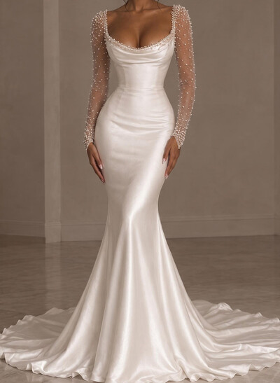 Trumpet/Mermaid Scoop Neck Long Sleeves Court Train Tulle/Matte Satin Wedding Dresses With Beading