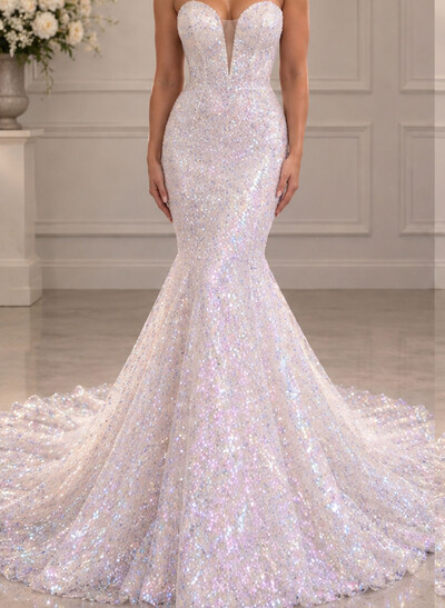 Trumpet/Mermaid Sweetheart Sleeveless Court Train Tulle/Matte Satin Wedding Dresses With Sequins