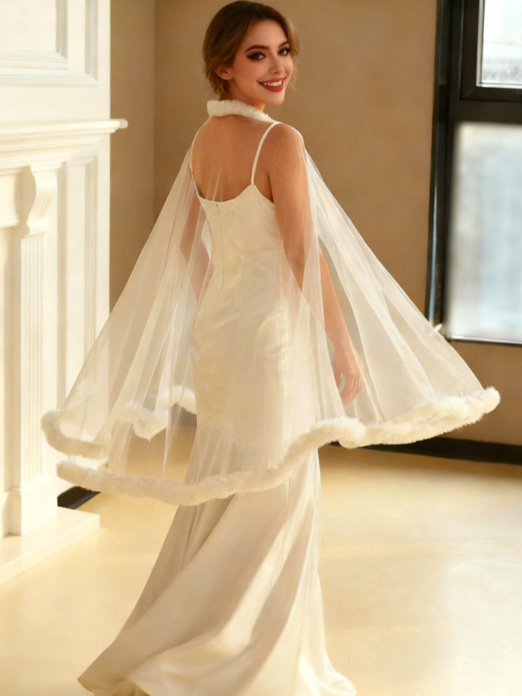 Clasp Tulle/Faux Fur Shawl