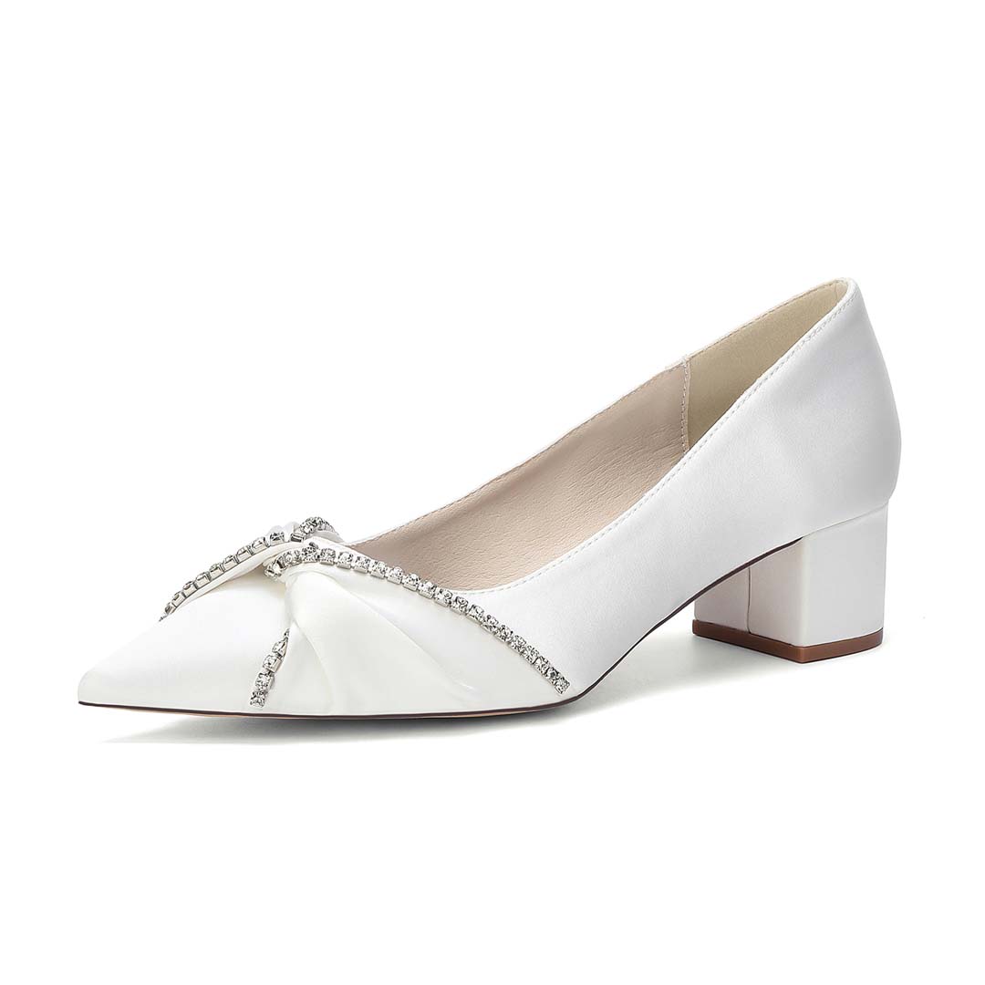 Chunky Heel Silk Like Satin Point Toe Wedding Shoes With Rhinestone