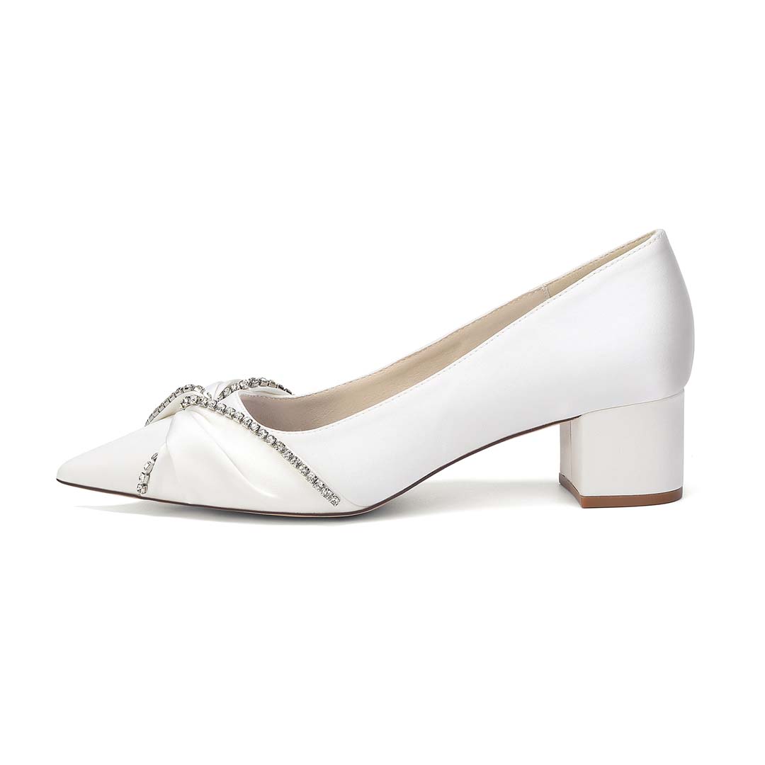 Chunky Heel Silk Like Satin Point Toe Wedding Shoes With Rhinestone