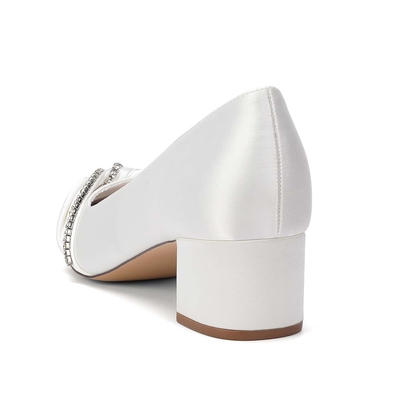 Chunky Heel Silk Like Satin Point Toe Wedding Shoes With Rhinestone