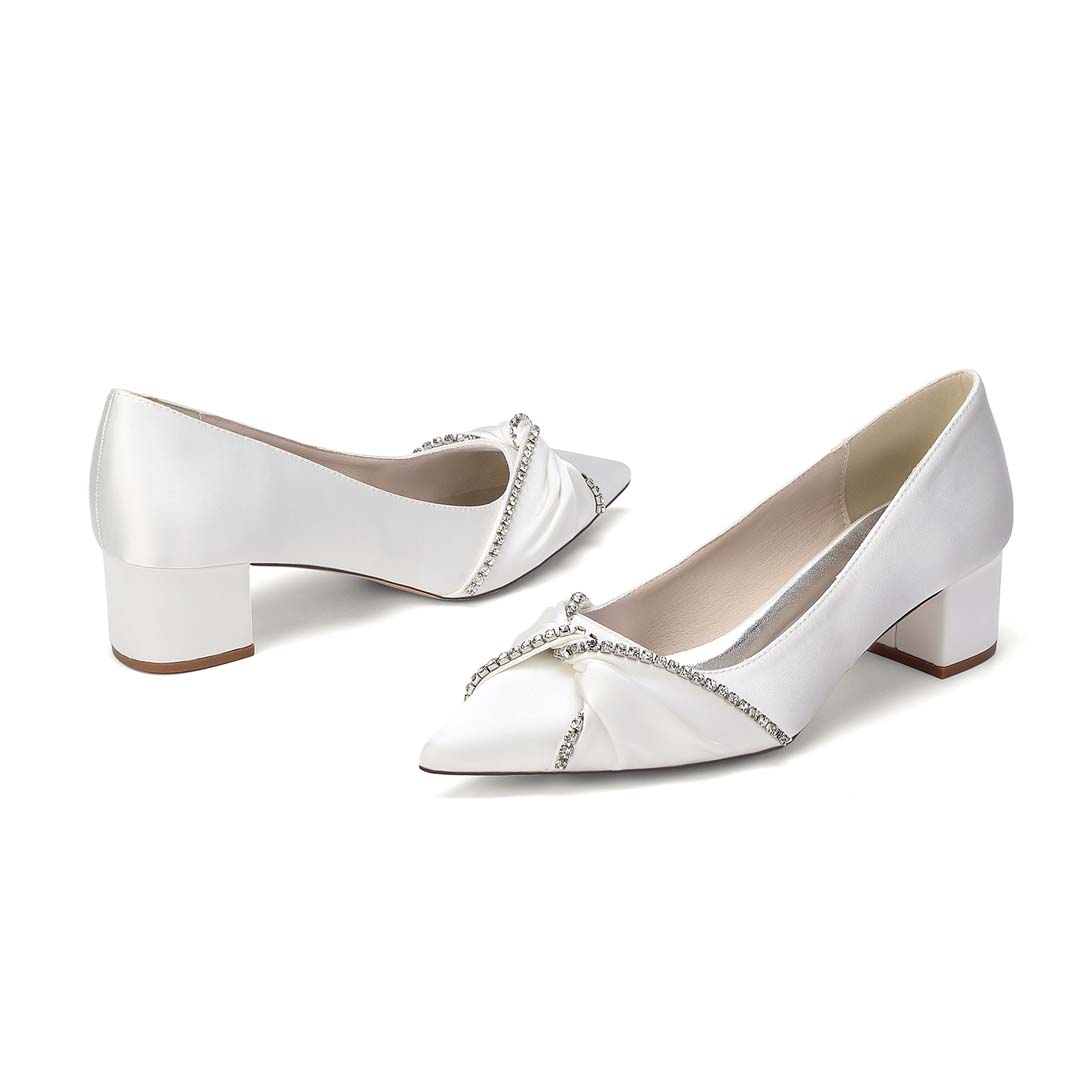 Chunky Heel Silk Like Satin Point Toe Wedding Shoes With Rhinestone