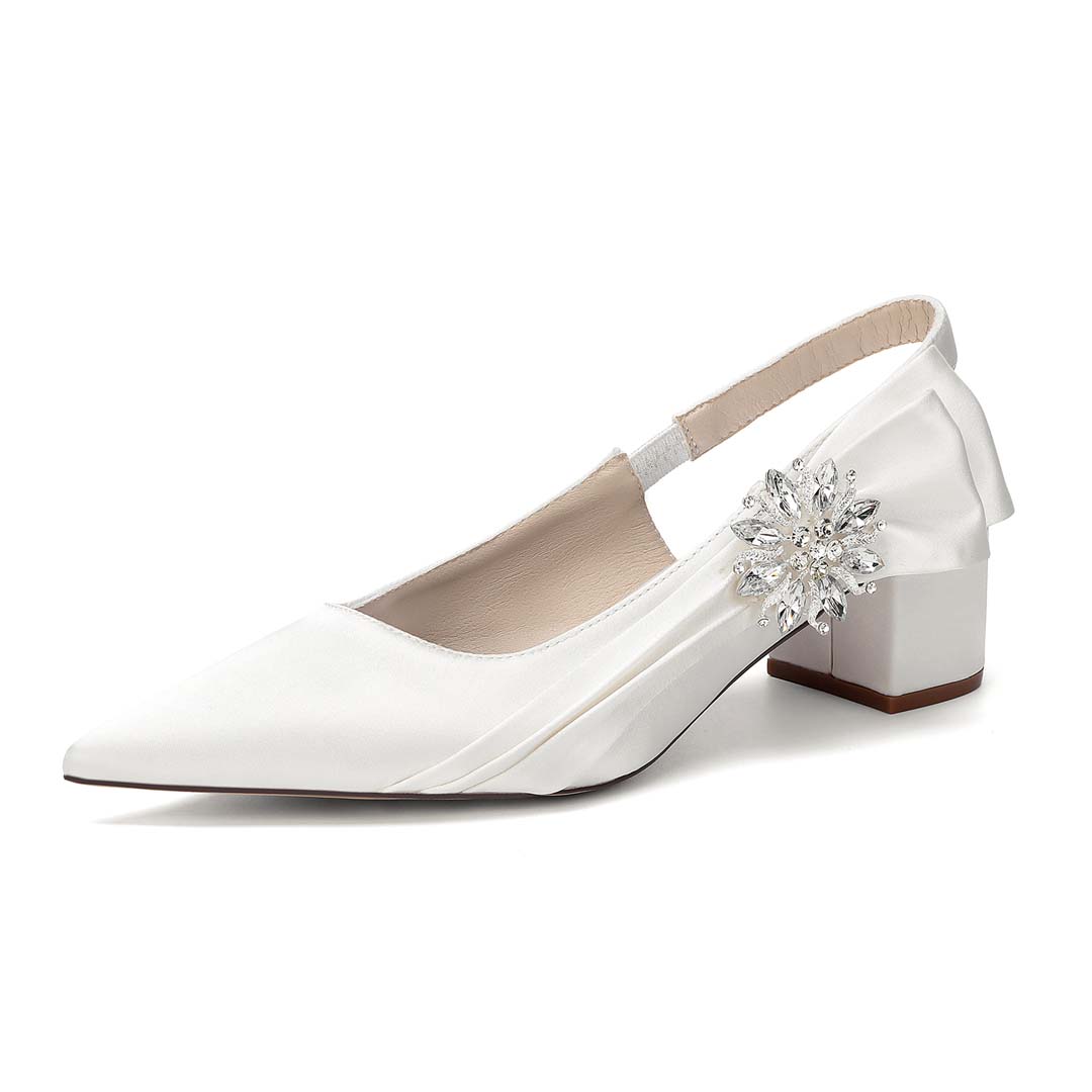 Low Heel Silky Satin Pointed Toe Wedding Shoes With Diamanté