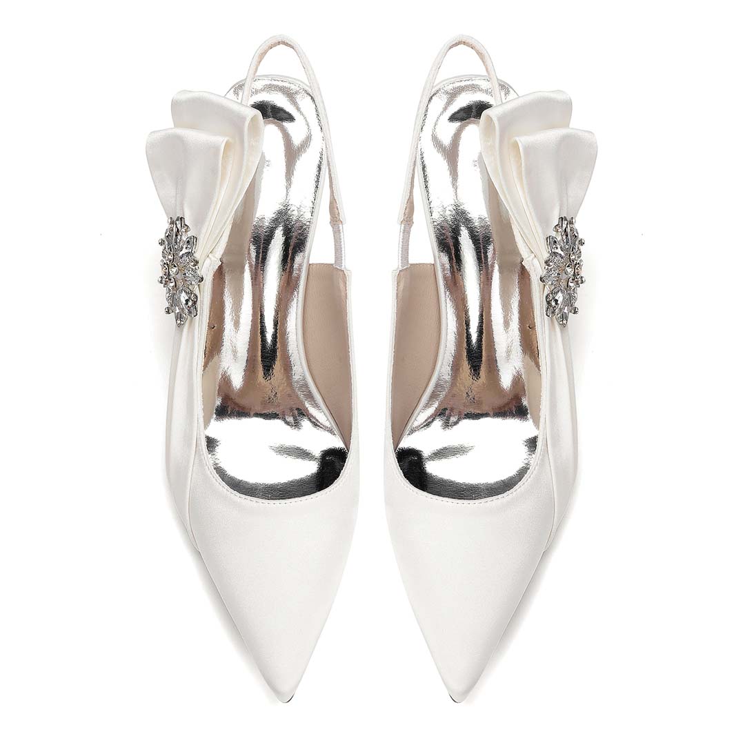 Low Heel Silky Satin Pointed Toe Wedding Shoes With Diamanté