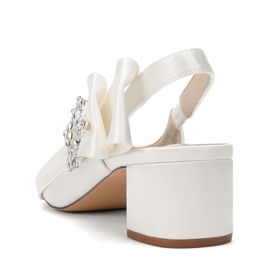 Low Heel Silky Satin Pointed Toe Wedding Shoes With Diamanté