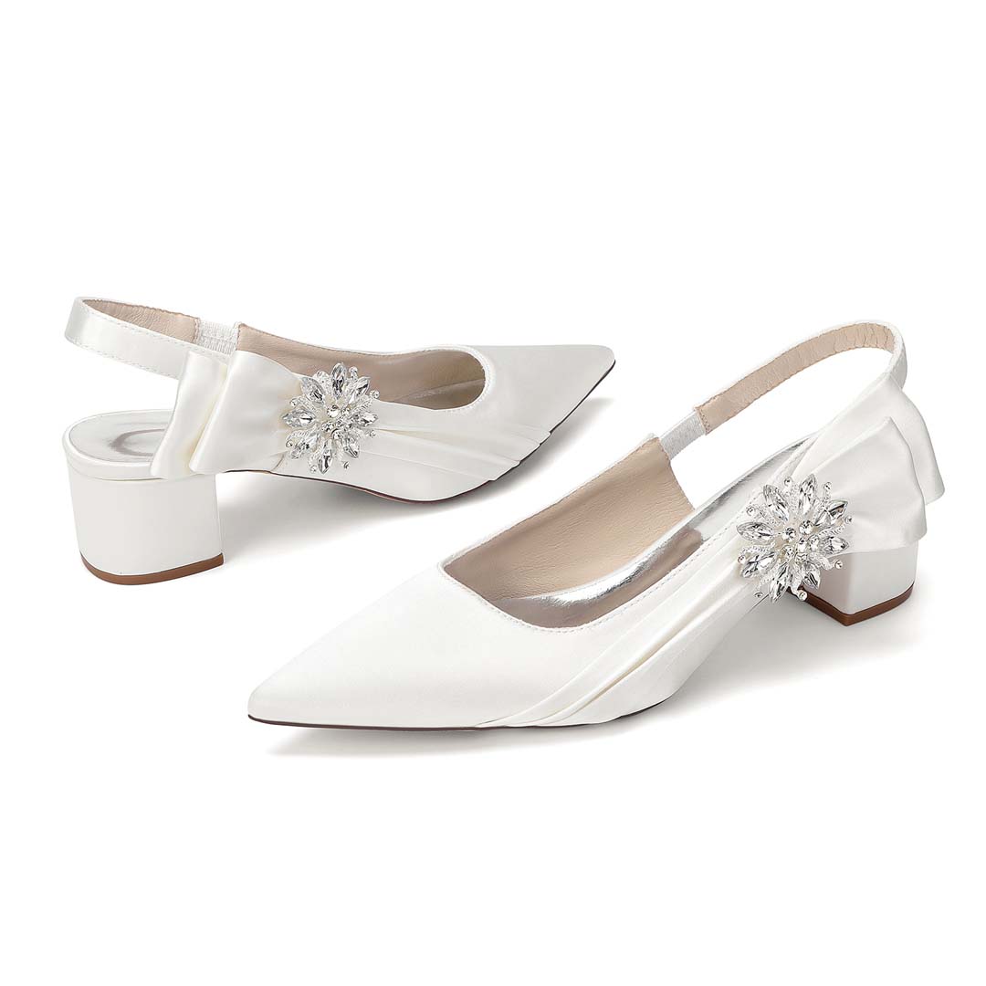 Low Heel Silky Satin Pointed Toe Wedding Shoes With Diamanté