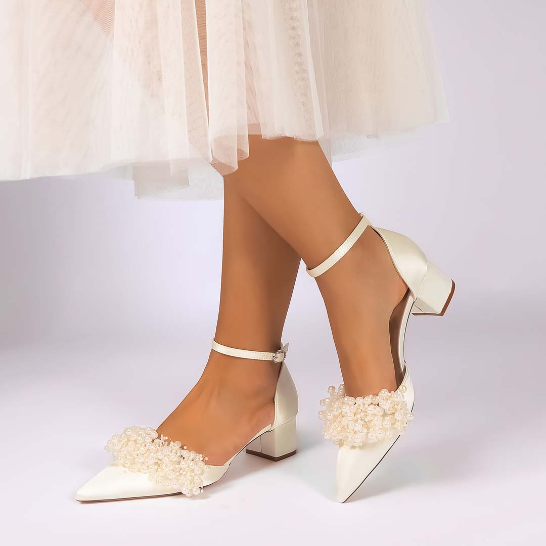 Low Heel Silky Satin Pointed Toe Bridal Shoes With Faux Pearls