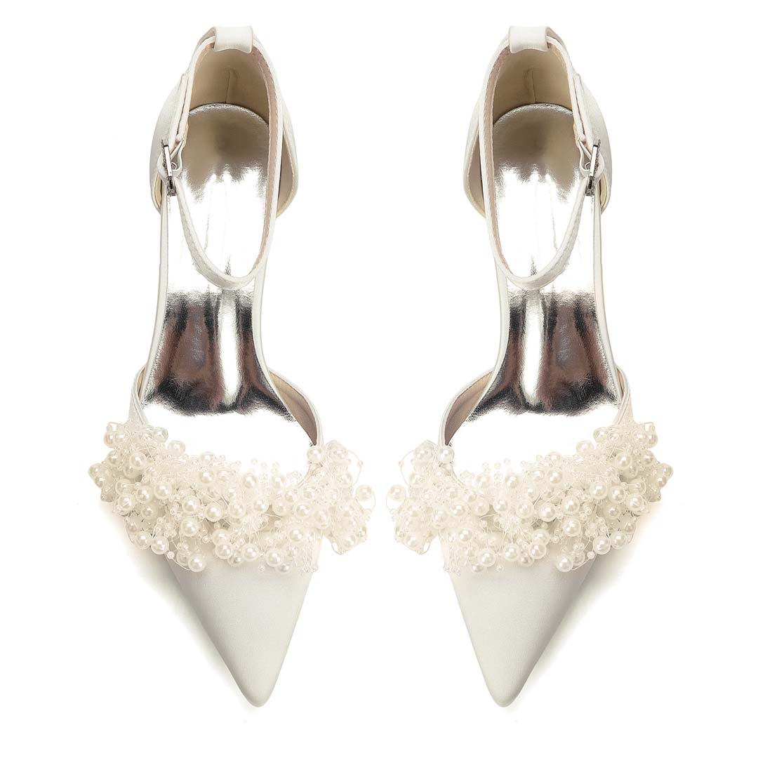 Low Heel Silky Satin Pointed Toe Bridal Shoes With Faux Pearls