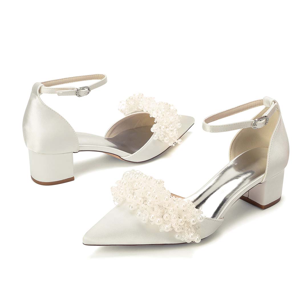Low Heel Silky Satin Pointed Toe Bridal Shoes With Faux Pearls