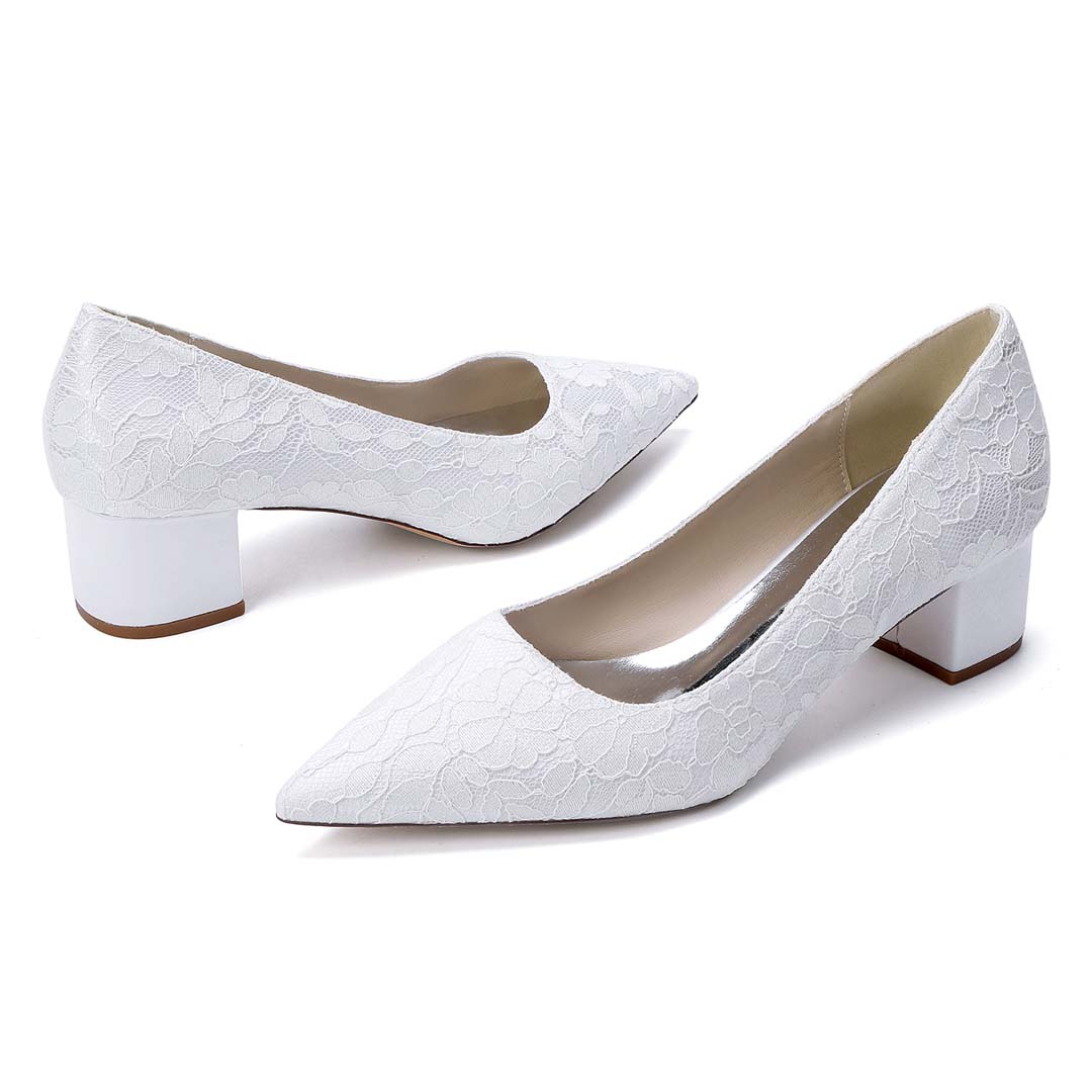 Low Heel Lace Pointed Toe Wedding Shoes With Floral/Lace Detail