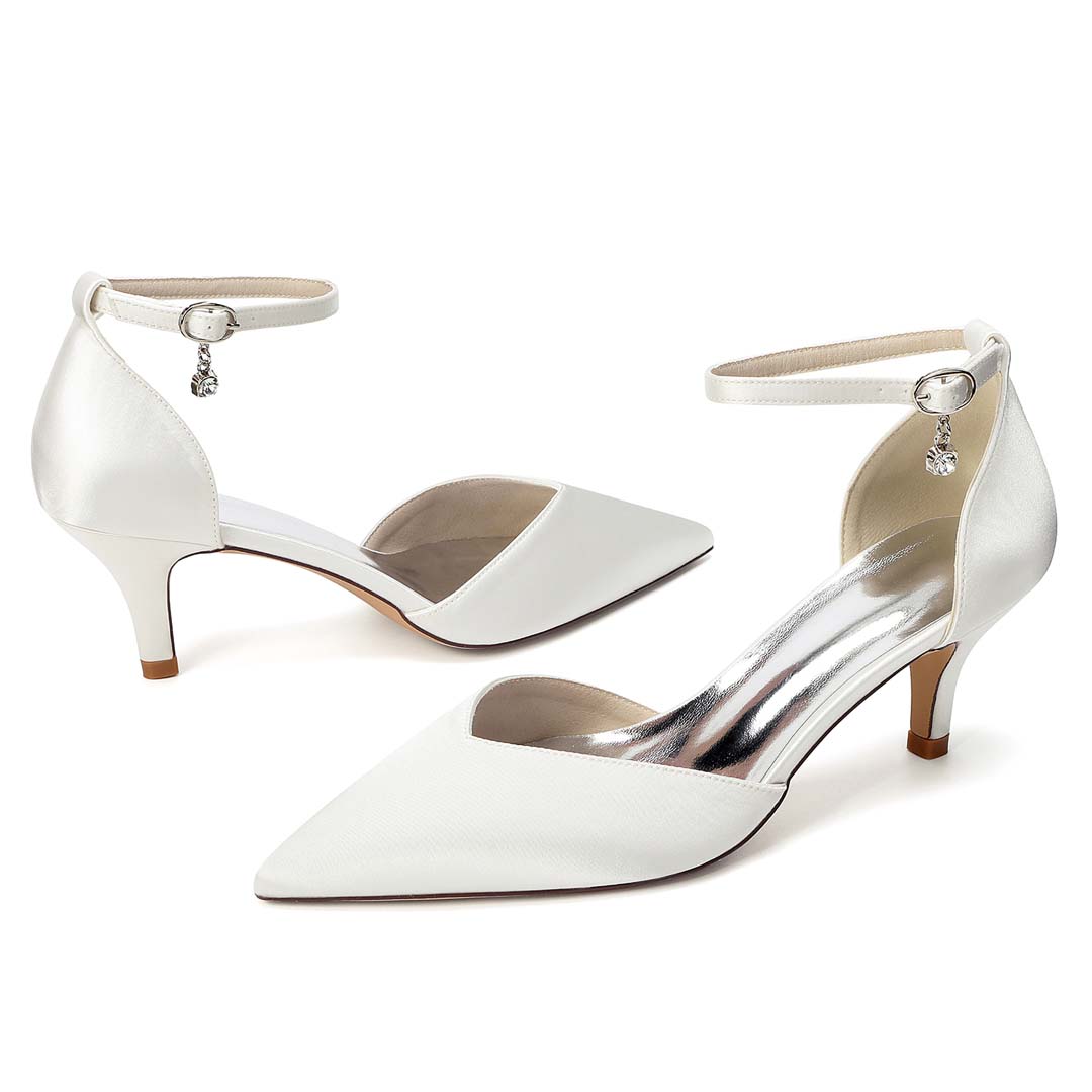 Silk-Look Satin Pointed Toe Ankle Strap Wedding Heels With Chain Detail