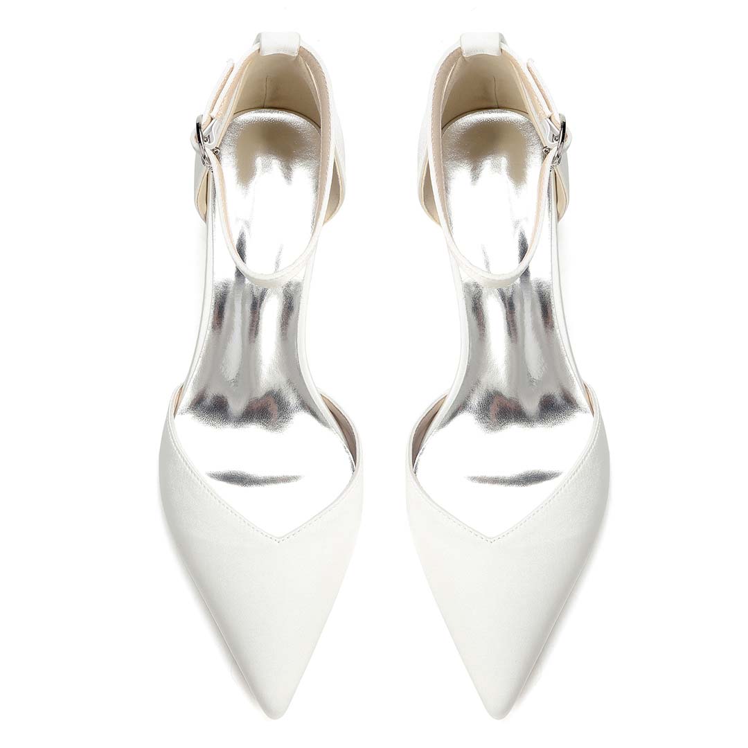 Silk-Look Satin Pointed Toe Ankle Strap Wedding Heels With Chain Detail