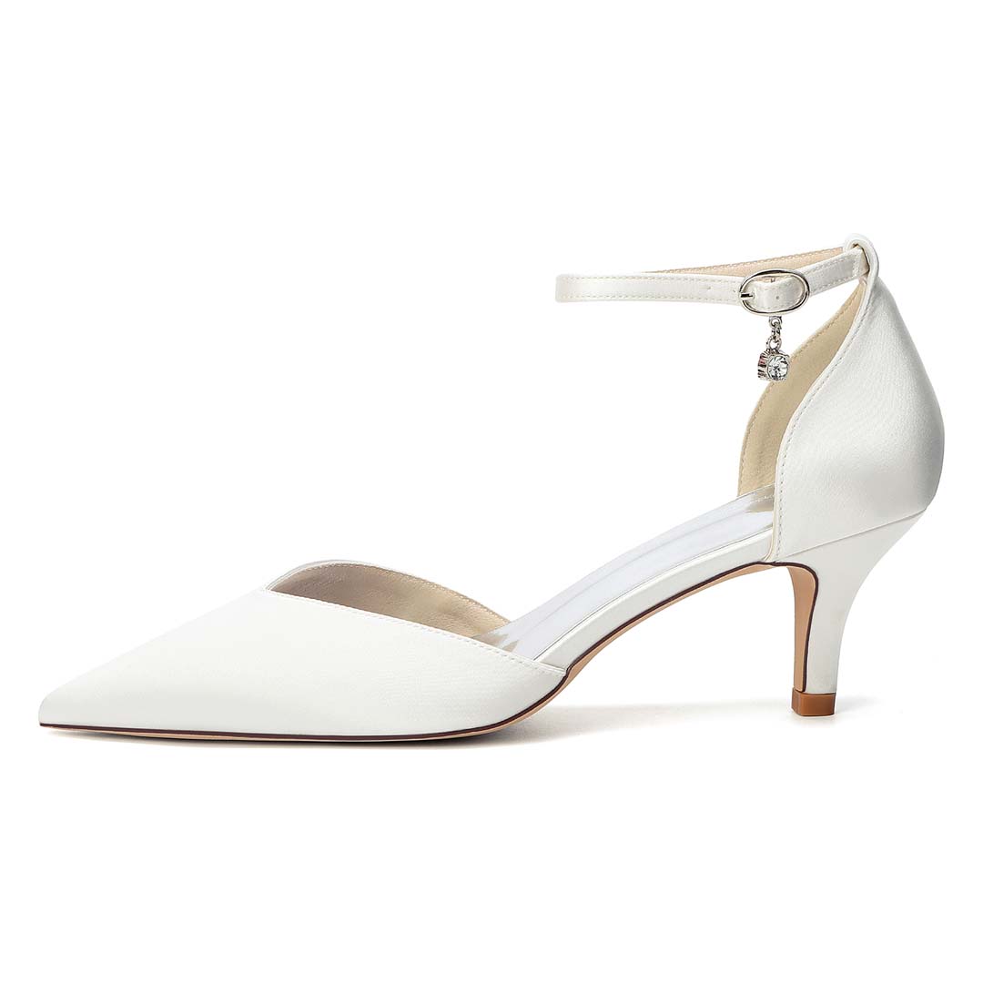 Silk-Look Satin Pointed Toe Ankle Strap Wedding Heels With Chain Detail