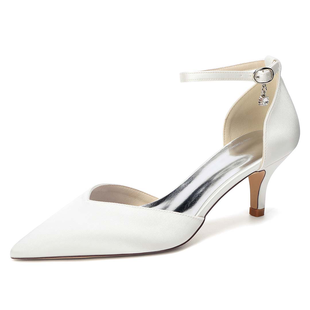 Silk-Look Satin Pointed Toe Ankle Strap Wedding Heels With Chain Detail