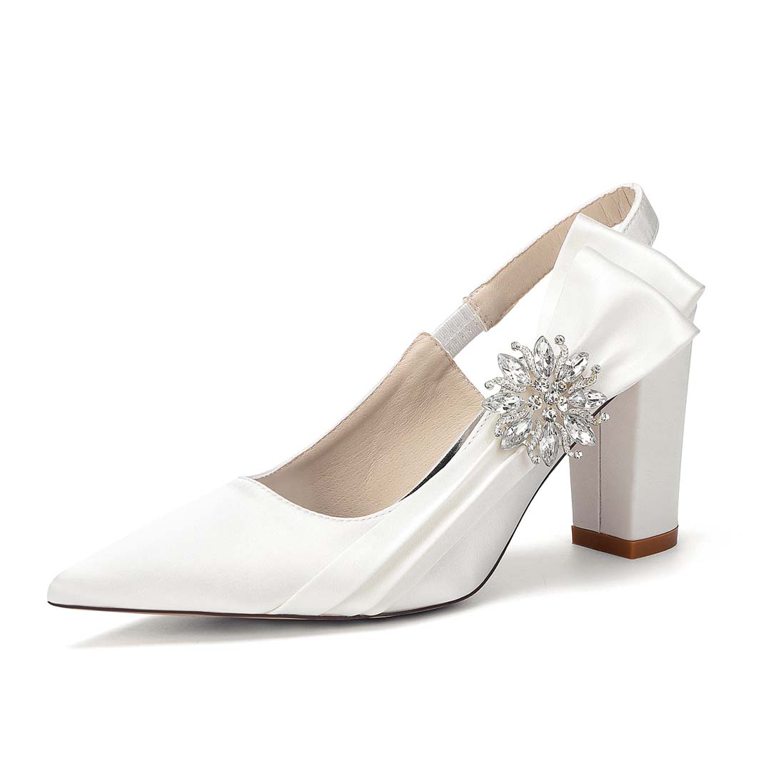 Diamanté Pointed Toe Silky Satin Block Heel Bridal Shoes