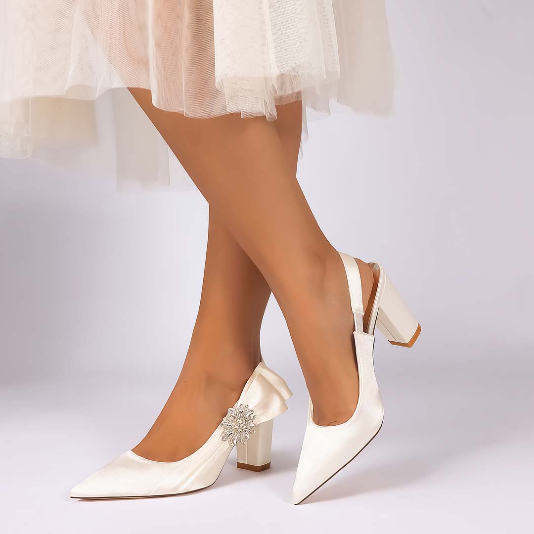 Diamanté Pointed Toe Silky Satin Block Heel Bridal Shoes