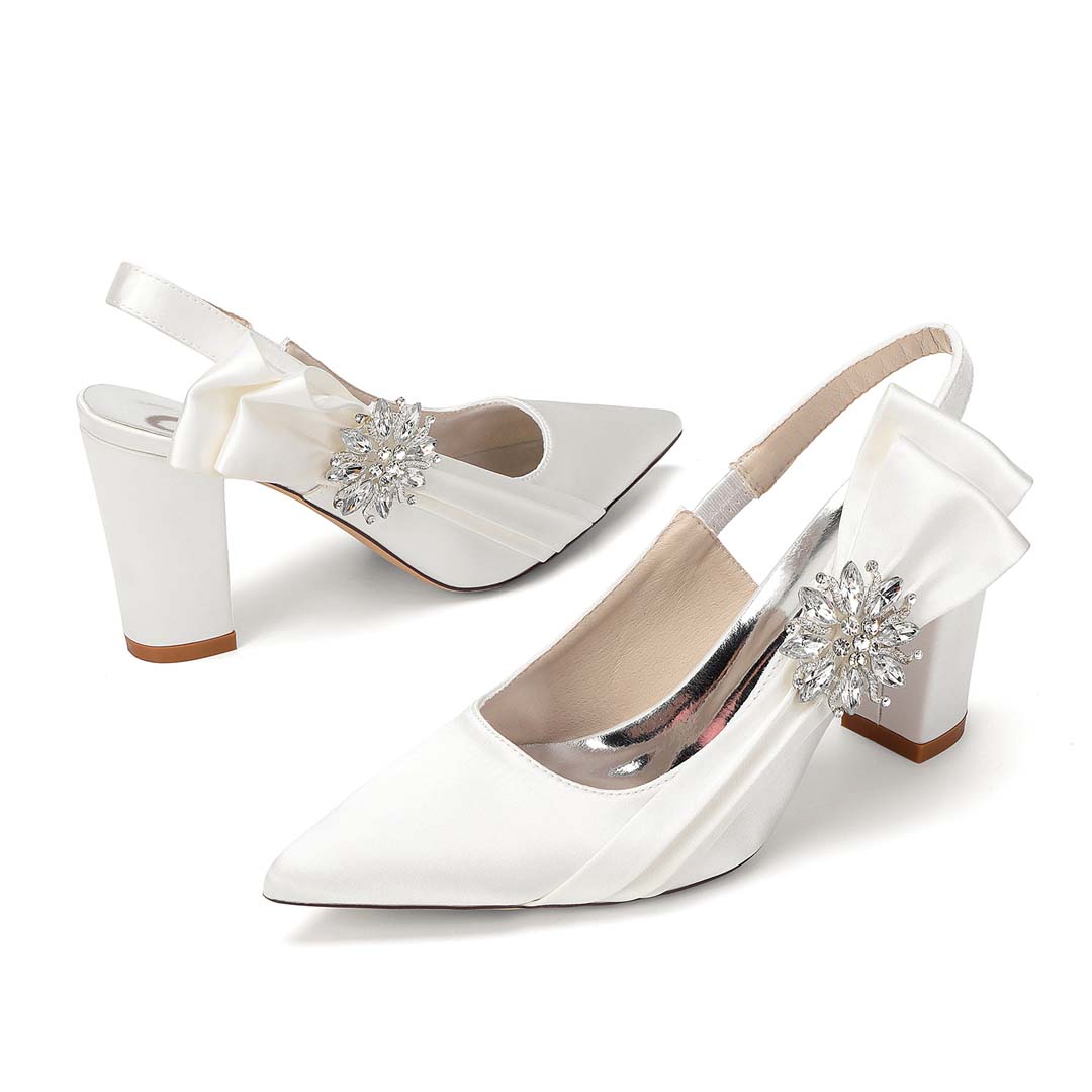 Diamanté Pointed Toe Silky Satin Block Heel Bridal Shoes