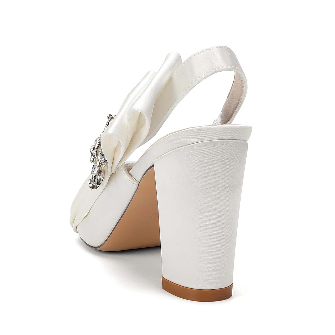 Diamanté Pointed Toe Silky Satin Block Heel Bridal Shoes