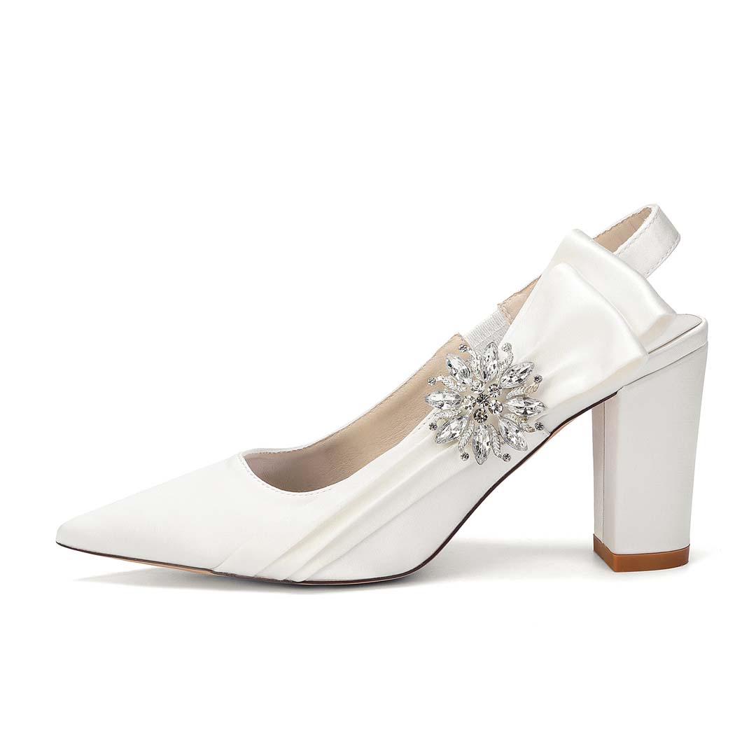 Diamanté Pointed Toe Silky Satin Block Heel Bridal Shoes