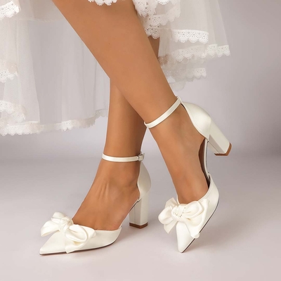 Silky Satin Pointed Toe Bridal Heels With Ankle Strap And Bow