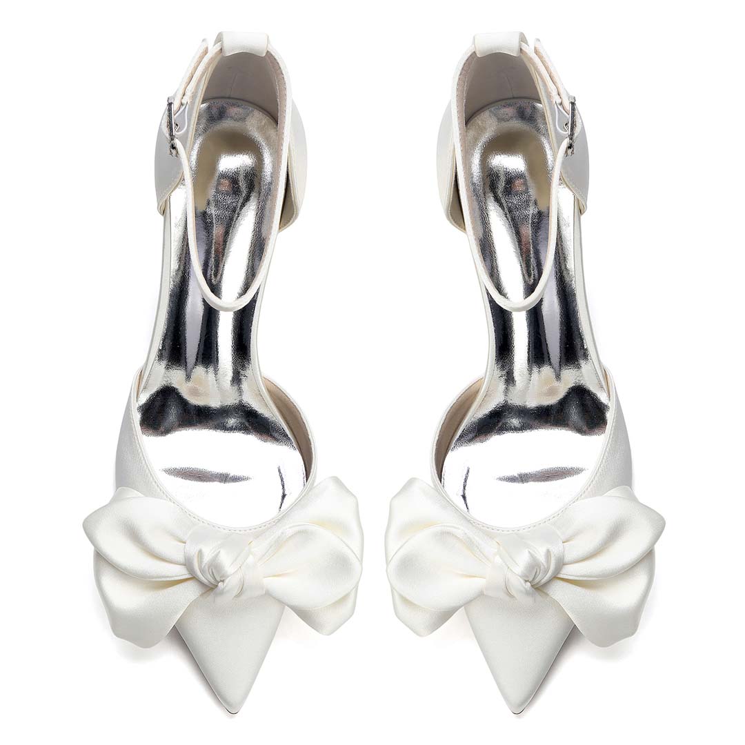 Silky Satin Pointed Toe Bridal Heels With Ankle Strap And Bow