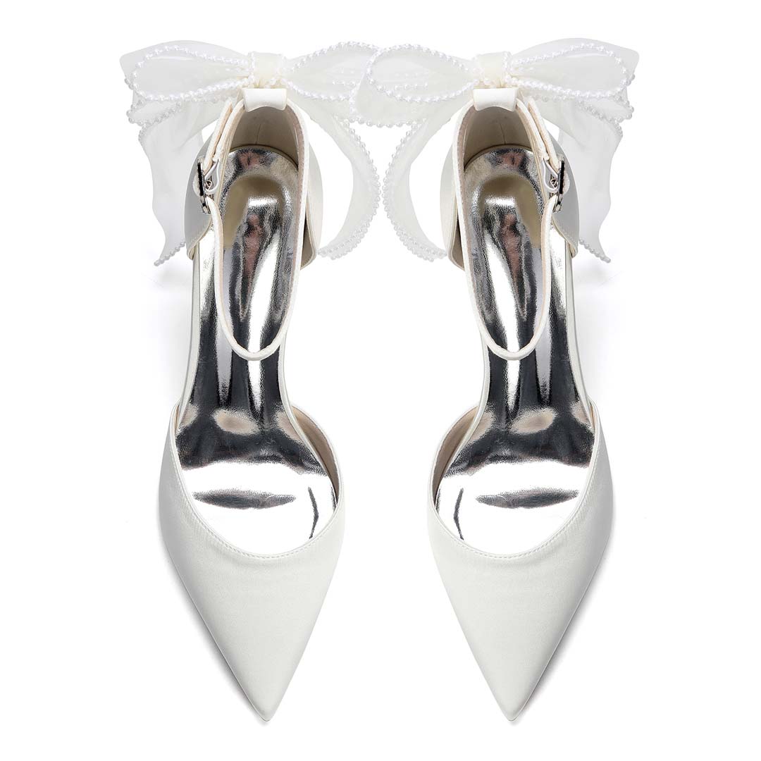 Pointed Toe Silky Satin Ankle Strap Bridal Heels With Bow