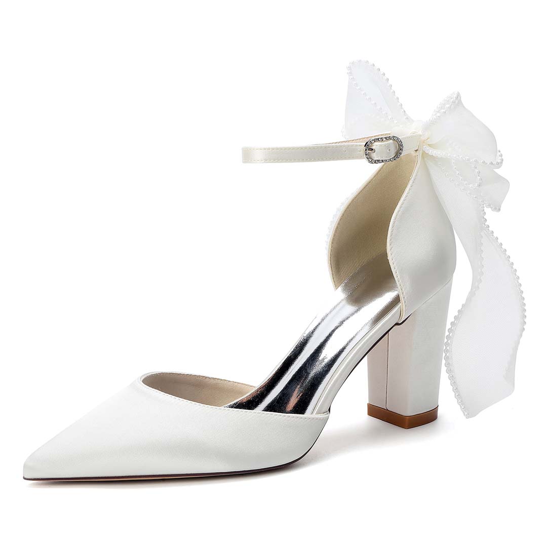 Pointed Toe Silky Satin Ankle Strap Bridal Heels With Bow