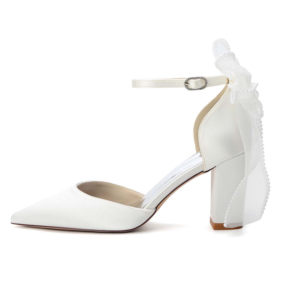 Pointed Toe Silky Satin Ankle Strap Bridal Heels With Bow