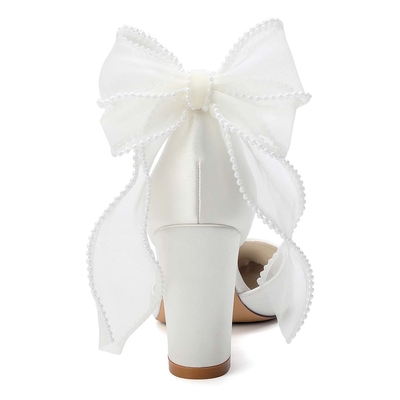 Pointed Toe Silky Satin Ankle Strap Bridal Heels With Bow