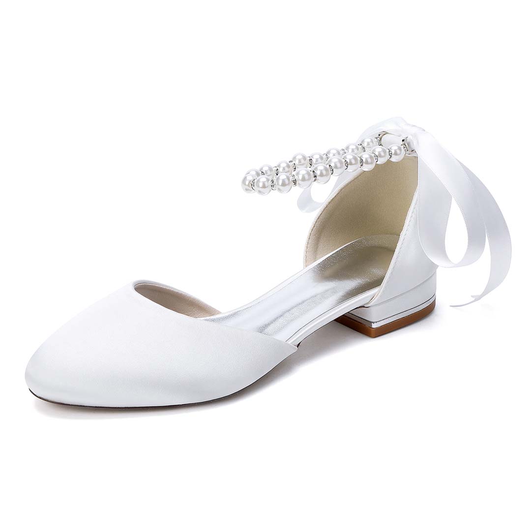 Ankle Strap Heels Silky-Feel Satin Round Toe Wedding Shoes With Faux Pearl