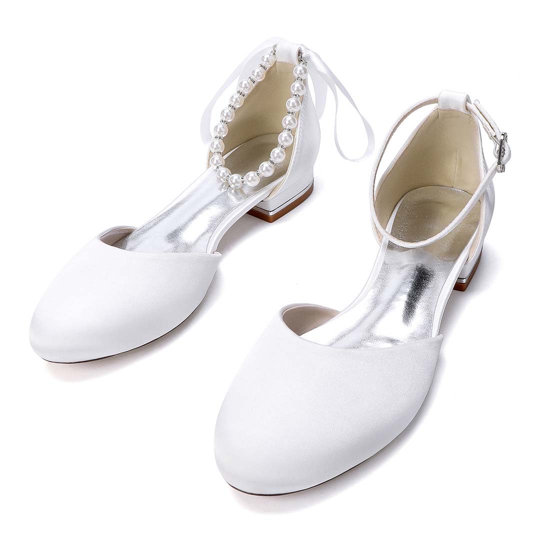 Ankle Strap Heels Silky-Feel Satin Round Toe Wedding Shoes With Faux Pearl