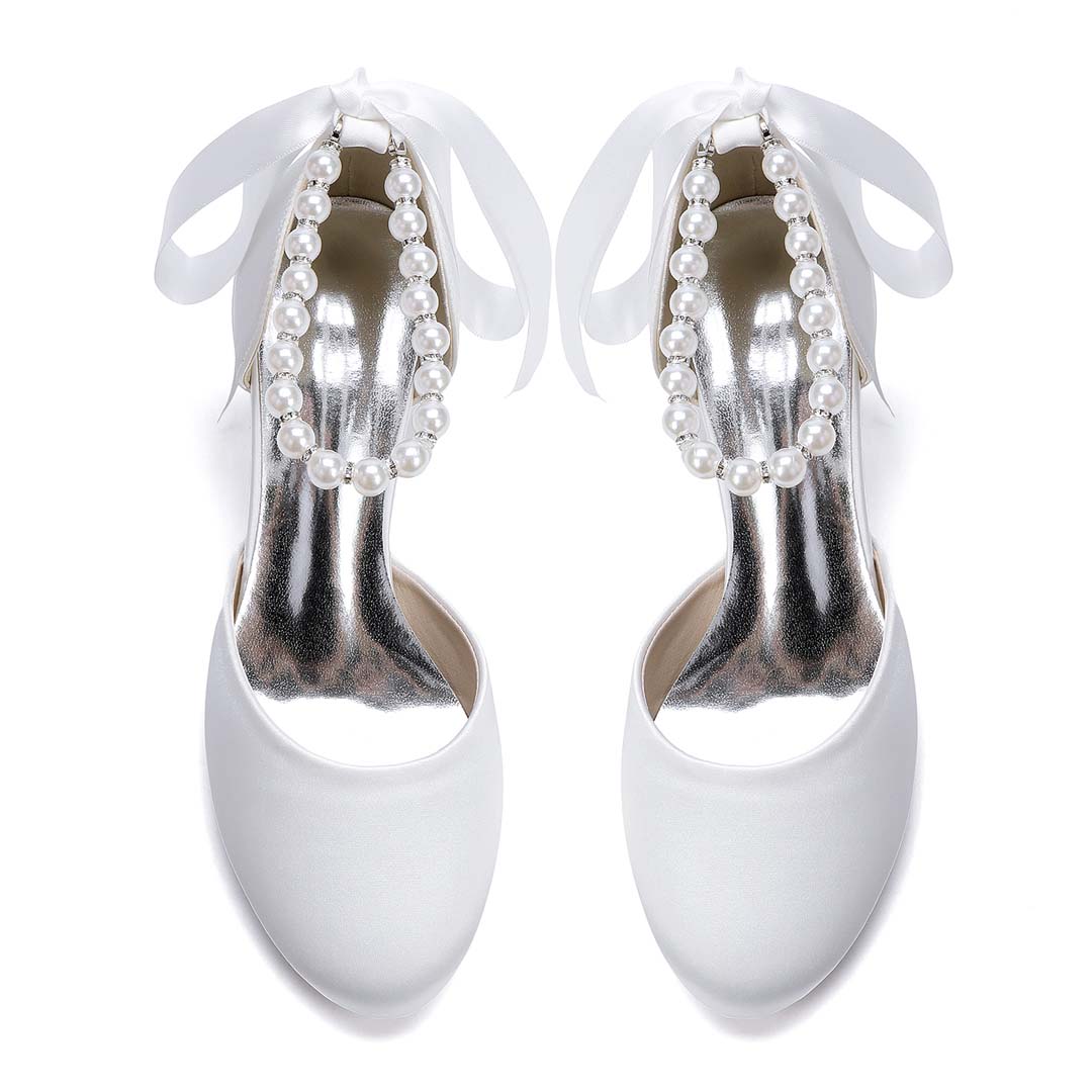 Ankle Strap Heels Silky-Feel Satin Round Toe Wedding Shoes With Faux Pearl