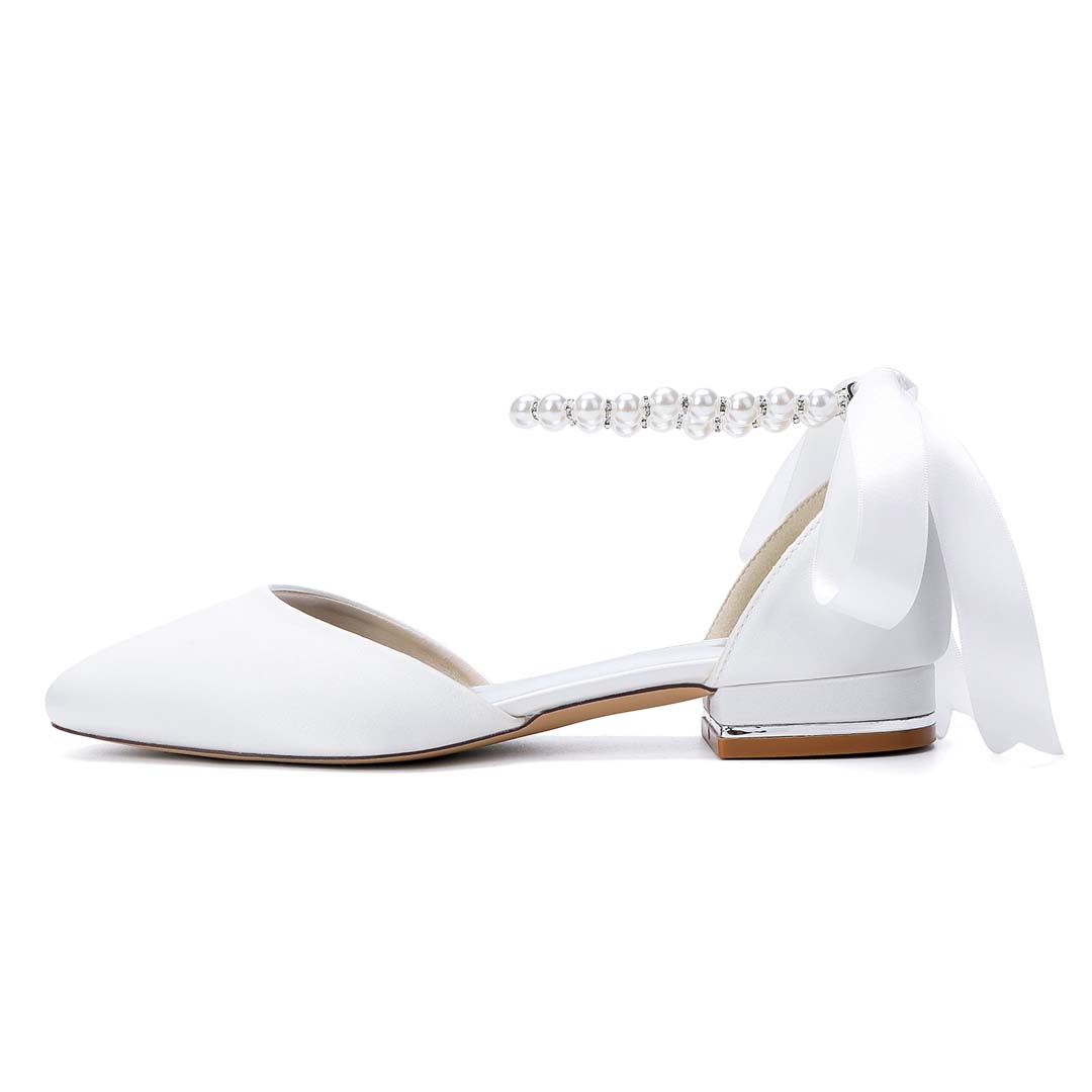 Ankle Strap Heels Silky-Feel Satin Round Toe Wedding Shoes With Faux Pearl