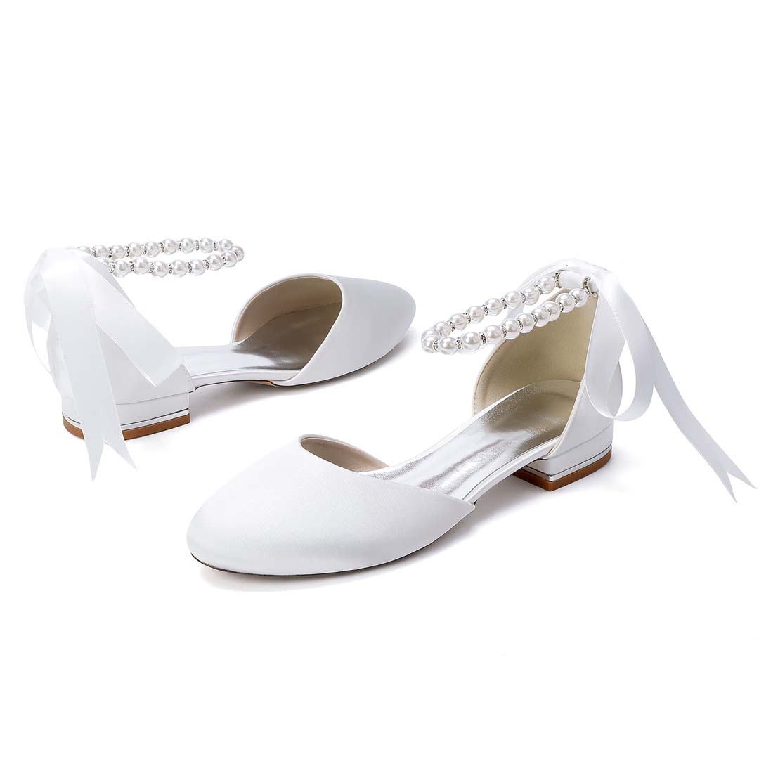 Ankle Strap Heels Silky-Feel Satin Round Toe Wedding Shoes With Faux Pearl