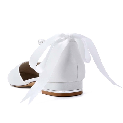 Ankle Strap Heels Silky-Feel Satin Round Toe Wedding Shoes With Faux Pearl